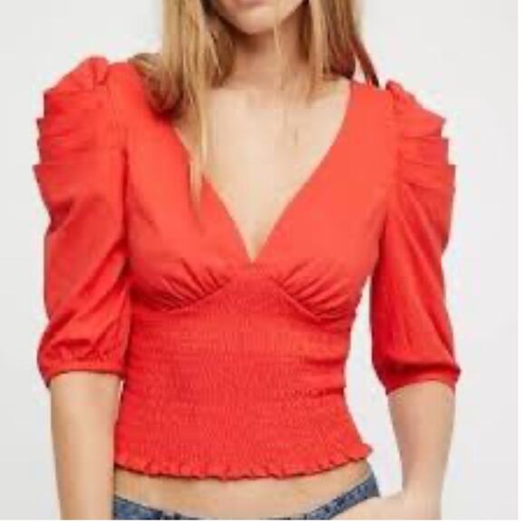 Free People Red Puff Sleeve Smocked Waist Top - Picture 1 of 6